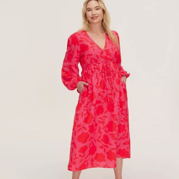 Kate Spade Target Red Pink Rose Linen Long Sleeve Maxi Dress with Pockets XS - Picture 1 of 2